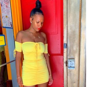 Yellow Ruched bodycon dress